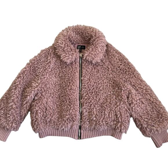 Zara TRF Sz S Faux Shearling Bomber Jacket in Mauve Fuzzy Zip-up Boho Warm - Picture 8 of 16